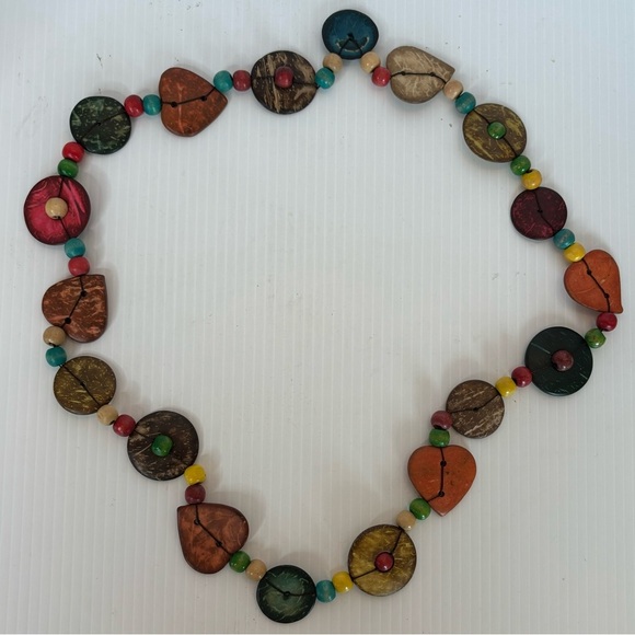 Colored wood bead necklace Tagua Nut Hearts circles Long No Clasp 18” Long - Picture 2 of 5